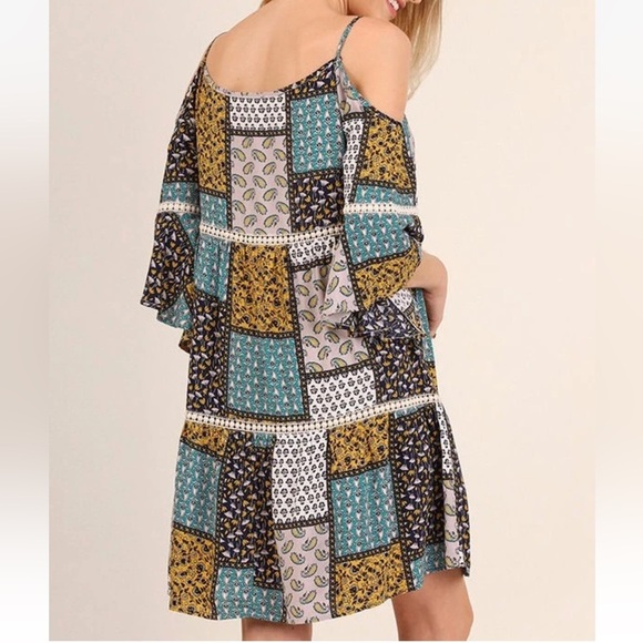 Umgee Patchwork Floral Paisley Bohemian Ruffle Bell Sleeve Dress Cottagecore M - Picture 12 of 13